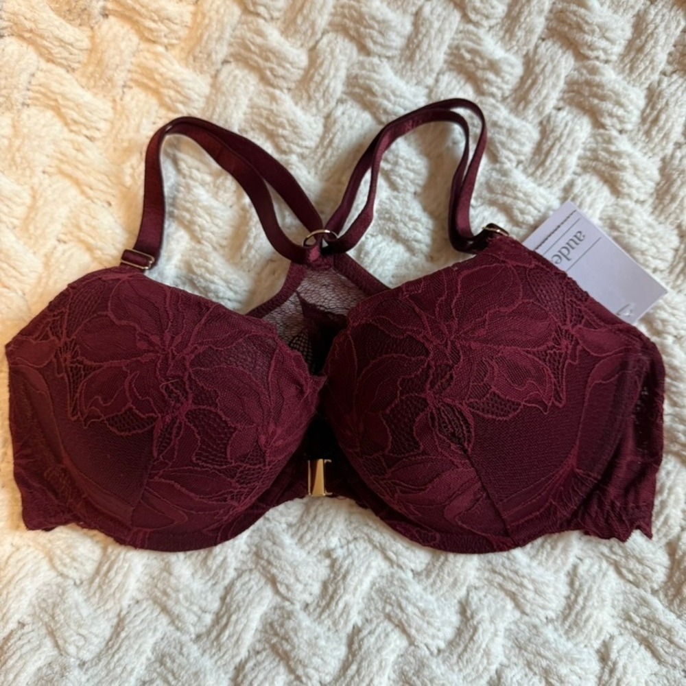 Auden Women Berry Red Lace Push-Up Front Close Plunge Bra 34C Racerback NWT